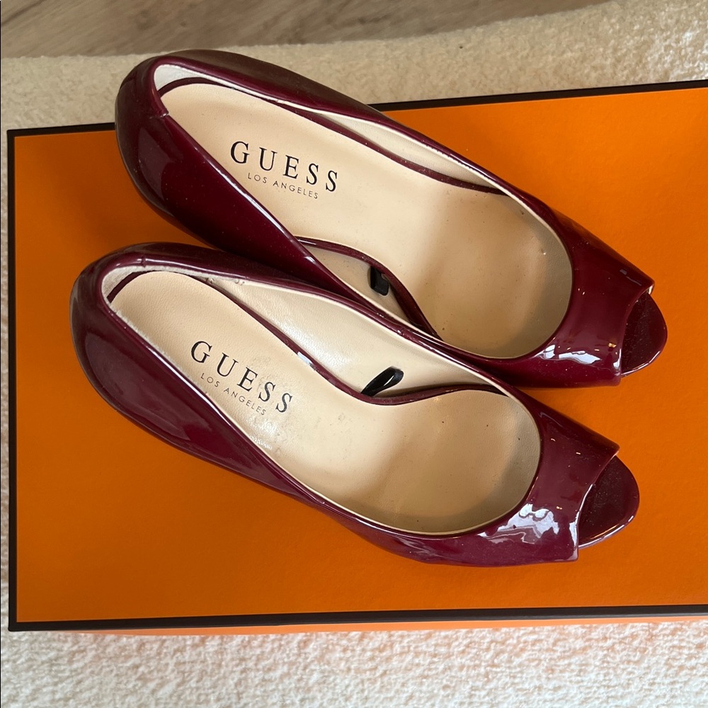 Guess Women's Deep Red Peep Toe Heels